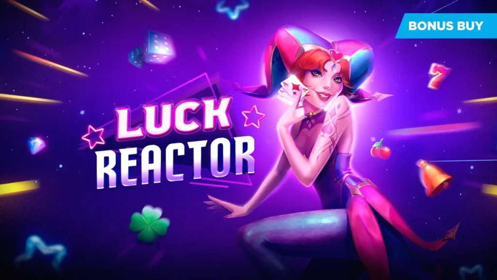 Tampilan visual futuristik dari slot Luck Reactor dengan simbol neon dan karakter Joker wanita.