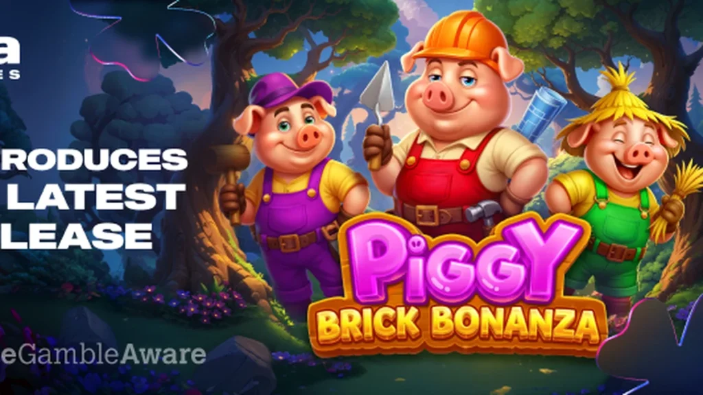 Tampilan layar utama game slot Piggy Brick Bonanza dengan tema babi dan bangunan bata