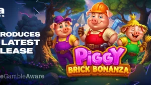 Tampilan layar utama game slot Piggy Brick Bonanza dengan tema babi dan bangunan bata