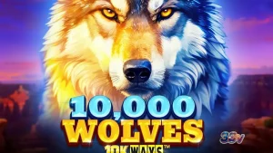 Tampilan visual slot 10,000 Wolves 10K Ways dengan latar hutan bersalju yang gelap.